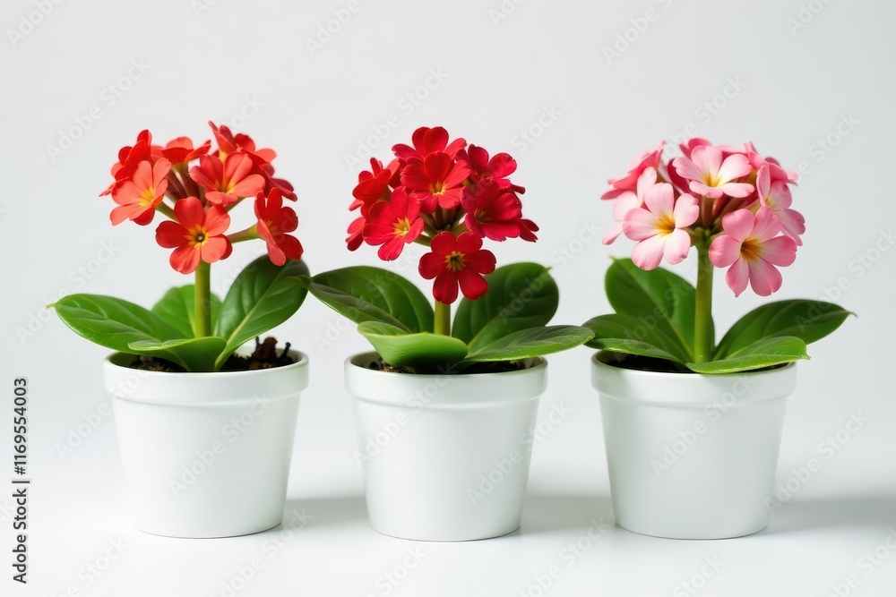 Fototapeta premium Three small kalanchoe flowers in white pots on a white background, garden, greenery, kalanchoe