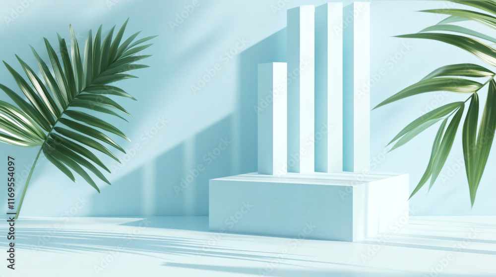 Fototapeta premium Light Blue Minimalist mockup display with geometric shapes and tropical leaves