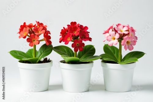 Wallpaper Mural Three small kalanchoe flowers in white pots on a white background, garden, greenery, kalanchoe Torontodigital.ca