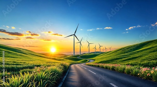Wind Turbines on Green Hills at Sunset, Clean Renewable Energy and Sustainability