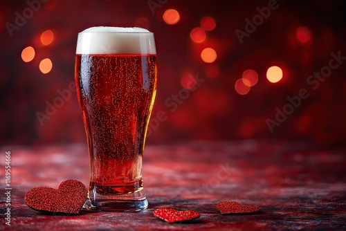Glass of beer on red bright background. Glass of beer from the side on a background of bokeh and red hearts.