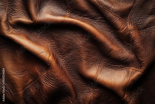 Close-up view of a soft brown leather surface showcasing intricate textures and wrinkles, illuminated with gentle lighting. Generative AI photo