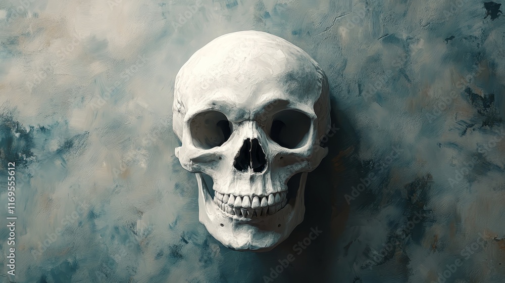 A white skull is on a wall with a blue background A white skull is on a wall with a blue background
