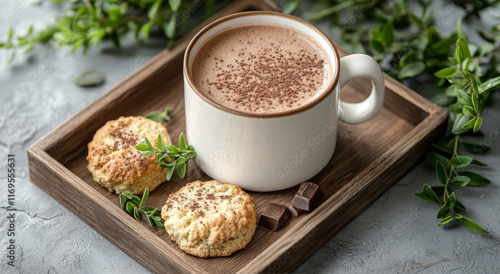 Warm coffee with pastries served on a wooden tray surrounded by greenery in a cozy setting Warm coffee with pastries served on a wooden tray surrounded by greenery in a cozy setting