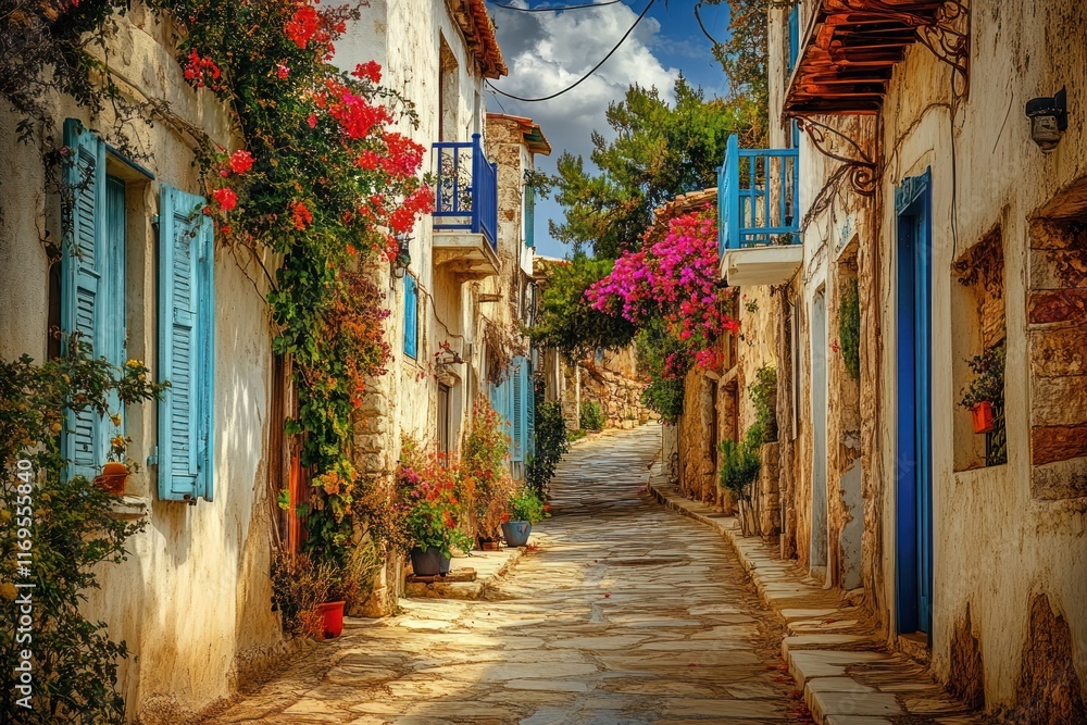 Charming cobblestone street in a picturesque village, lined with colorful houses and lush flowers. Charming cobblestone street in a picturesque village, lined with colorful houses and lush flowers.