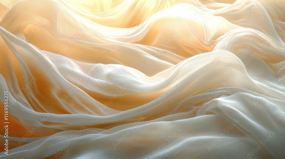 Fototapeta premium Sunlit sheer fabric drapes flowing indoors, soft background texture