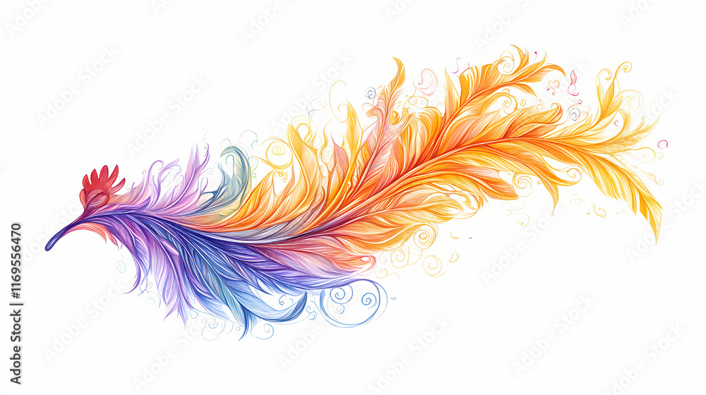 Obraz premium Feather swirls coloring filigree vibrant color arabic calligraphy flaming leaves muffled colors chicken feathers crescendo depicting flower. Crescendo. Illustration