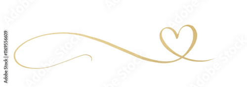 Elegant golden decorative heart and swirl design on a trasparent background with copy space