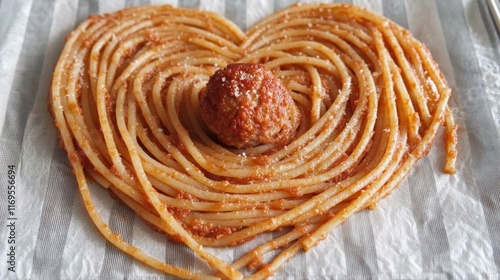Twisted spaghetti noodles arranged in a heart shape topped with a single meatball on a checkerboard tablecloth