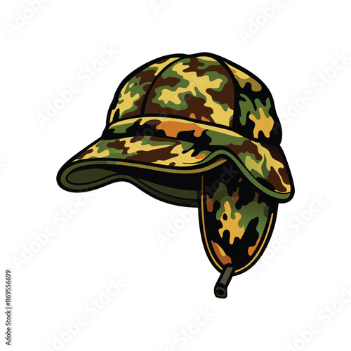A hunting hat with a camouflage pattern, foldable ear flaps, and a chin strap.