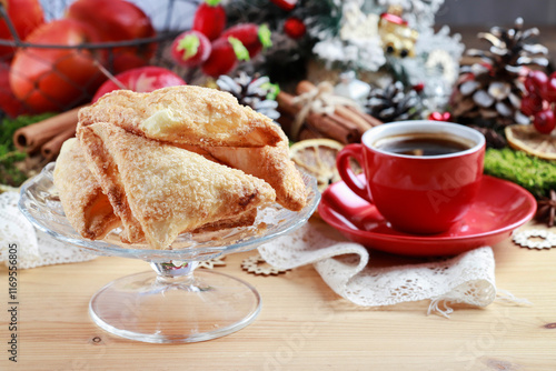 Obraz na płótnie Traditional french cookies with cheese filling and cup of coffee. w salonie