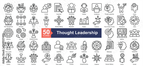 Thought Leadership Icon Collection Set.Containing performance, growth, teamwork, copywriter icon. Simple line style Vector Illustration.	