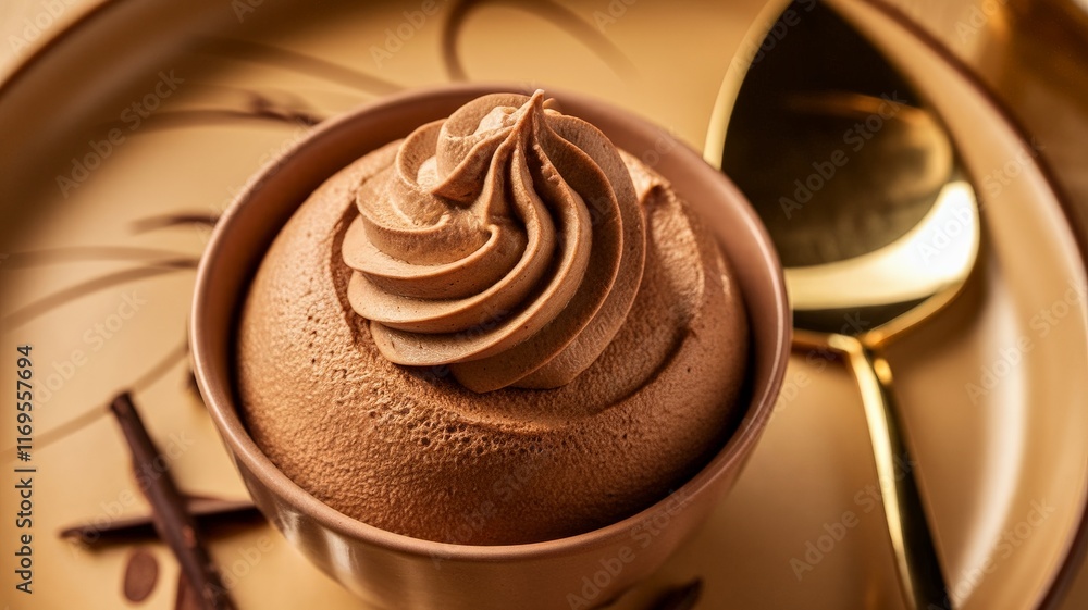 Bowl of mocha mousse with piped chocolate cream in ceramic dish