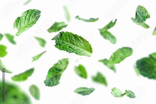green mint leaves falling in the air isolated on white background