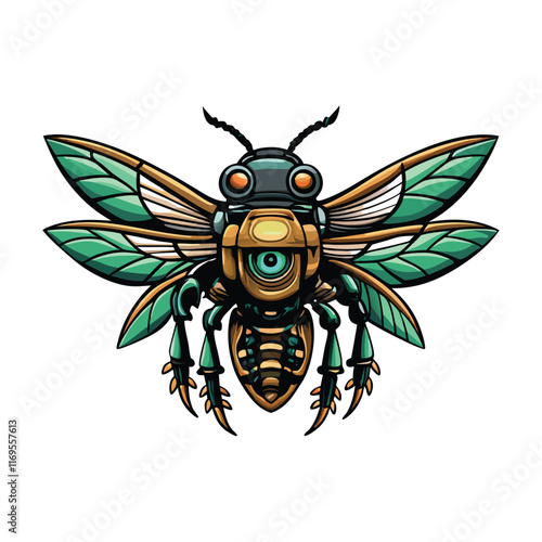 A hyperrealistic image of a cyborg insect drone with a single, large eye and metallic wings.