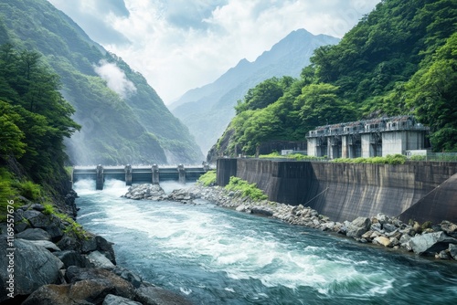 Water flows past a hydroelectric dam surrounded by lush mountains on a cloudy day photo