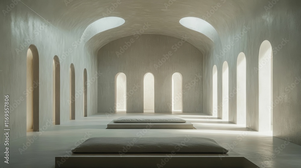 Fototapeta premium Minimalist room; arched windows, light floor, cushions.