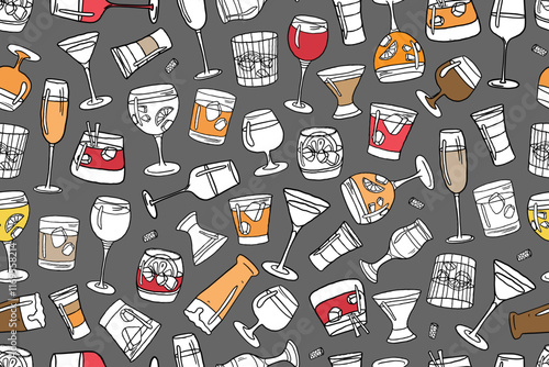 Seamless pattern of champagne glasses and wine glasses. Alcohol drinks in doodle style. Great for decoration interior, print posters, banner, menu design, packaging. Hand drawn