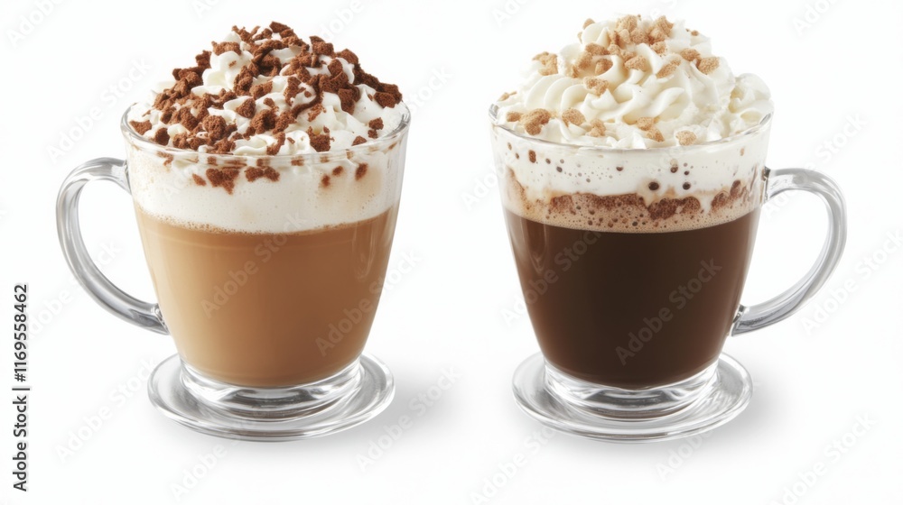 Close-Up of Two Delicious Coffee Drinks with Toppings Close-Up of Two Delicious Coffee Drinks with Toppings
