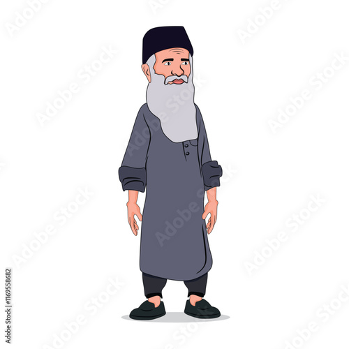 Pakistani old man with shalwar kameez or long white beard cartoon vector illustration photo