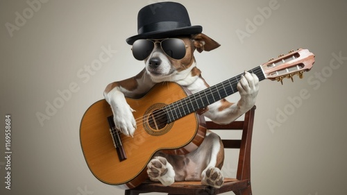 Dog wearing hat and sunglasses playing guitar on chair