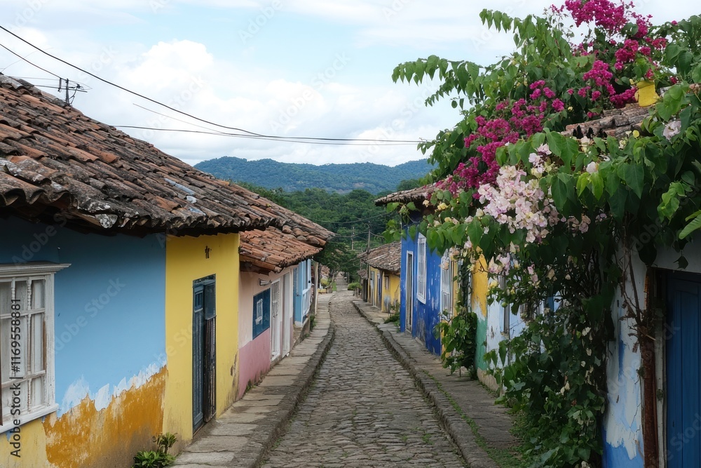 Colorful houses line a cobblestone street, leading to green hills under a partly cloudy sky. Colorful houses line a cobblestone street, leading to green hills under a partly cloudy sky.