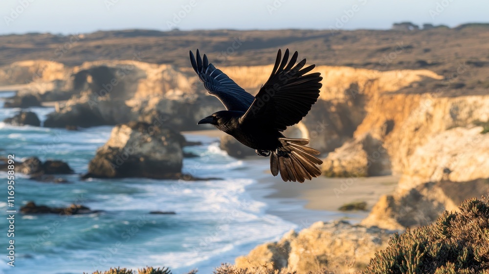 A majestic black crow in flight over a dramatic coastal landscape with cliffs and ocean waves. A majestic black crow in flight over a dramatic coastal landscape with cliffs and ocean waves.