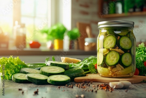 Fresh ingredients await transformation in a sunlit kitchen promoting healthy living photo