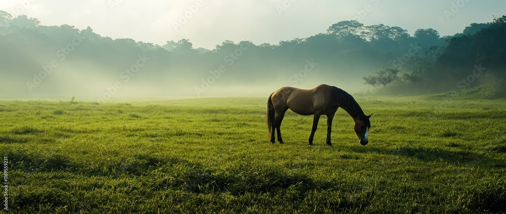 Lone horse grazing in a misty green meadow at sunrise. Lone horse grazing in a misty green meadow at sunrise.