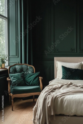 Cozy green bedroom with vintage furnishings and warm natural light in a tranquil setting