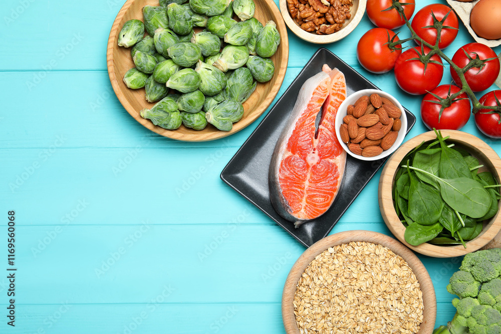 Different fresh products rich in melatonin on light blue wooden table, flat lay. Space for text Different fresh products rich in melatonin on light blue wooden table, flat lay. Space for text