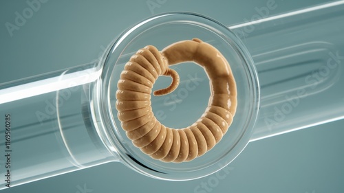 Coiled segmented invertebrate displayed inside transparent cylindrical tube for scientific observation and specimen preservation