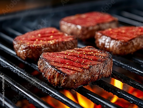 Three steaks cooking on a grill with flames in the background