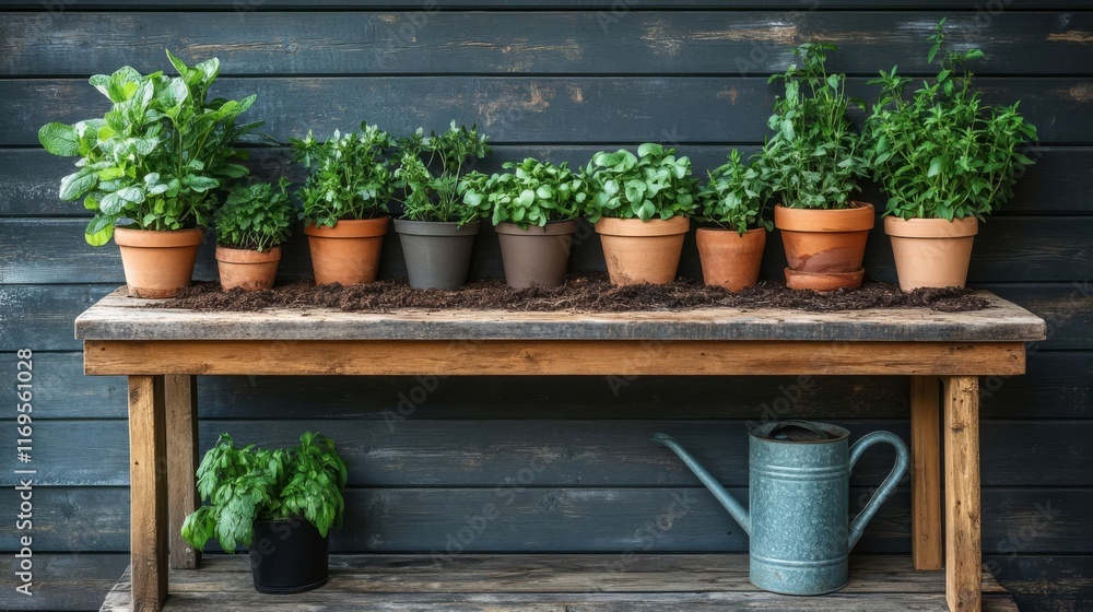 Fototapeta premium A gardener’s potting bench with plants.