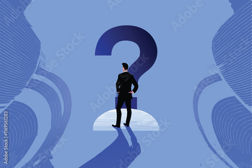 A businessman in a suit stands before a large question mark, symbolizing business problem solving.