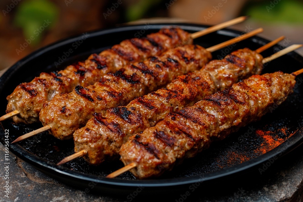 Sizzling skewers of grilled meat served on a black platter in a vibrant outdoor setting Sizzling skewers of grilled meat served on a black platter in a vibrant outdoor setting