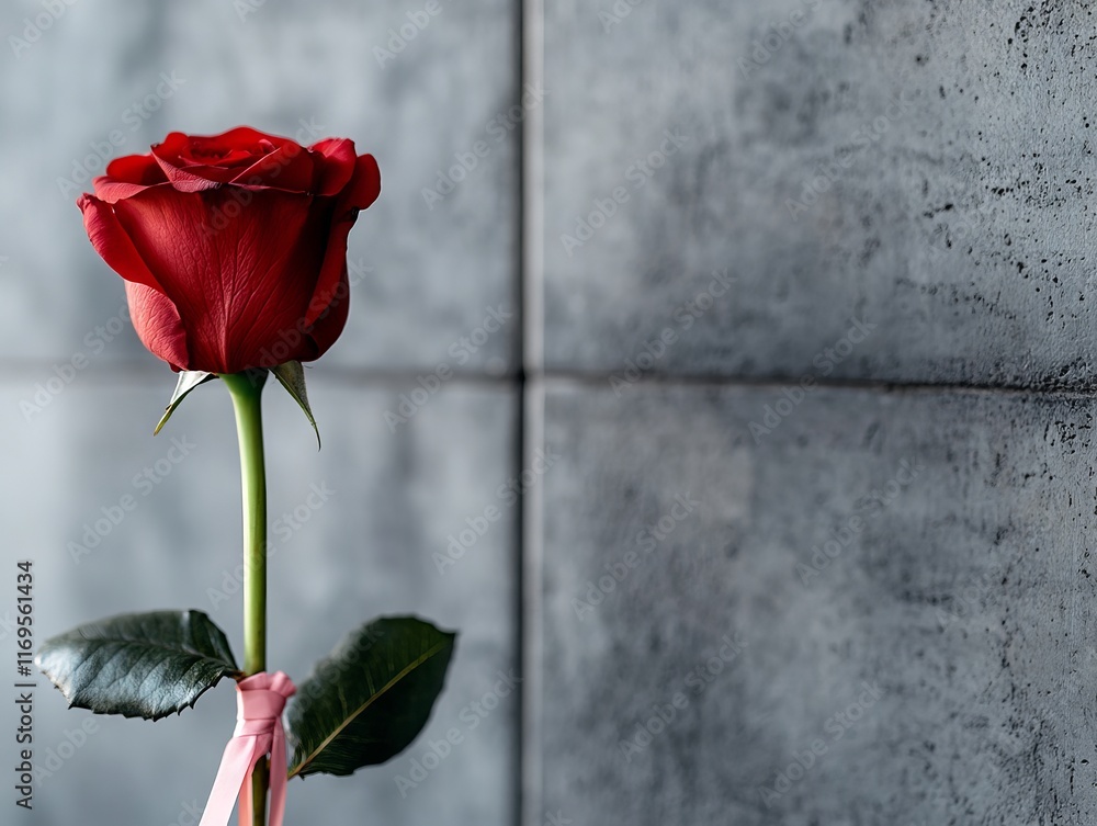 Fototapeta premium A single red rose with a pink ribbon tied around it