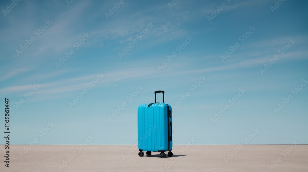 Bright blue suitcase standing alone on an empty concrete surface against a vast sky