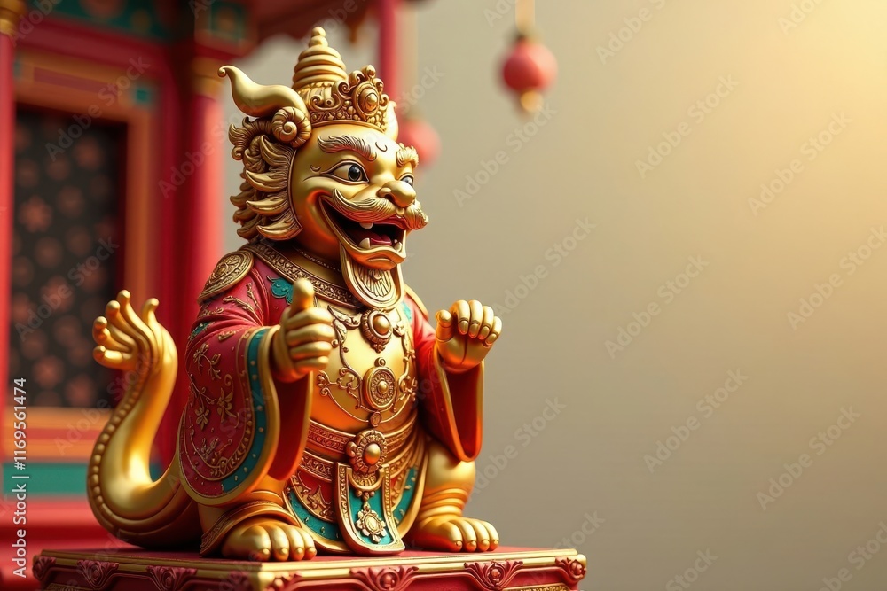 Fototapeta premium Golden CNY God of Wealth statue, ornate banner , symbol, year, rich