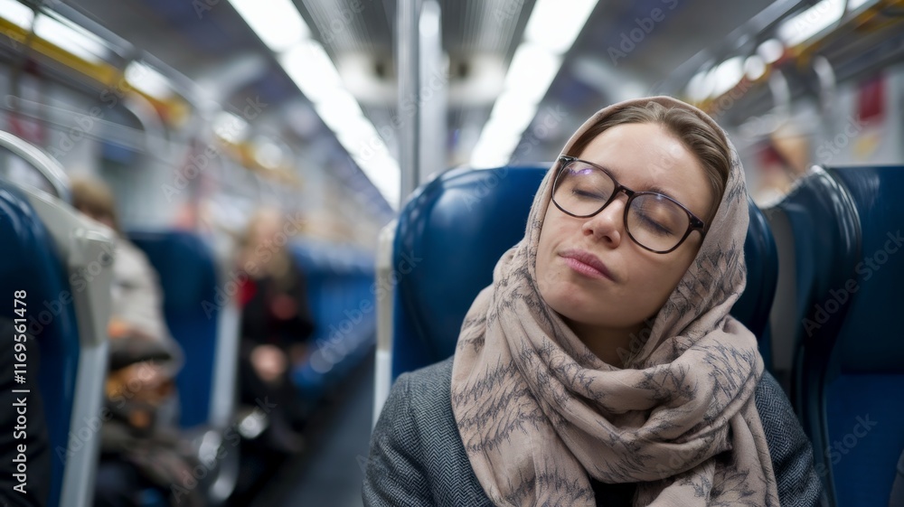 Woman in a hijab resting on a train with a peaceful expression