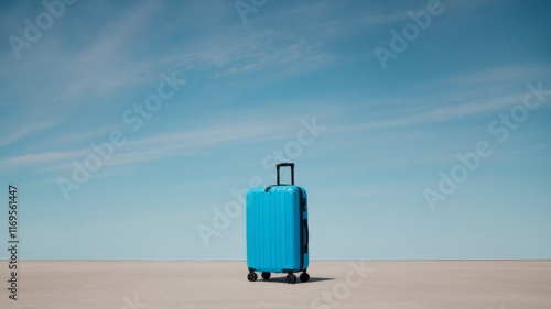 Obraz na płótnie Bright blue suitcase standing alone on an empty concrete surface against a vast sky w salonie