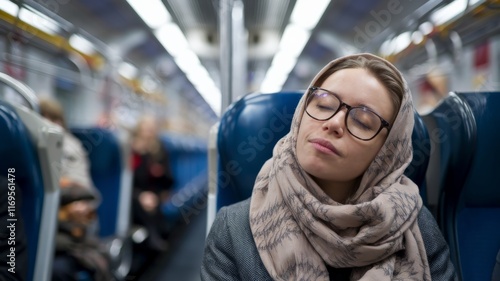Obraz na płótnie Woman in a hijab resting on a train with a peaceful expression w salonie