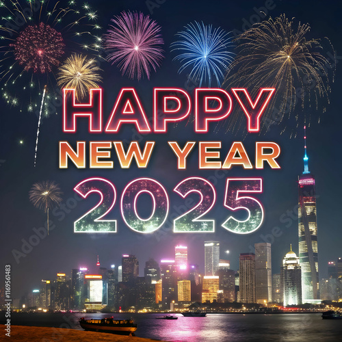 A festive celebration of the New Year 2025, filled with joy, fireworks