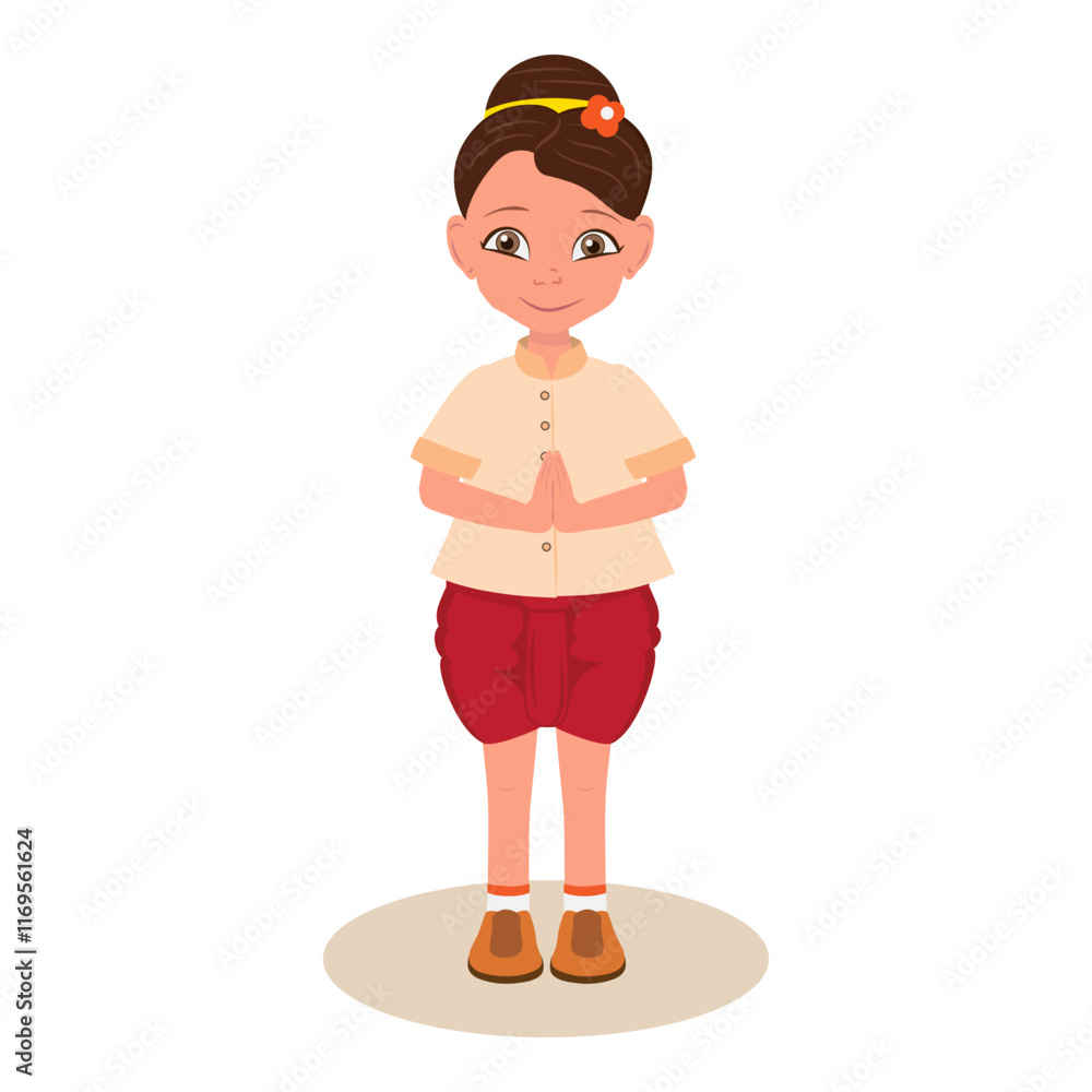 Fototapeta premium Flat Vector Illustration of Sawasdee, Kids in Traditional Clothing. Item 2