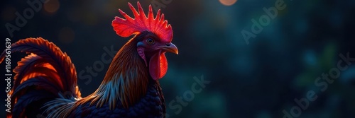 Intricate rooster head silhouette, dramatic lighting, midnight backdrop, abstract, fowl, feathers photo