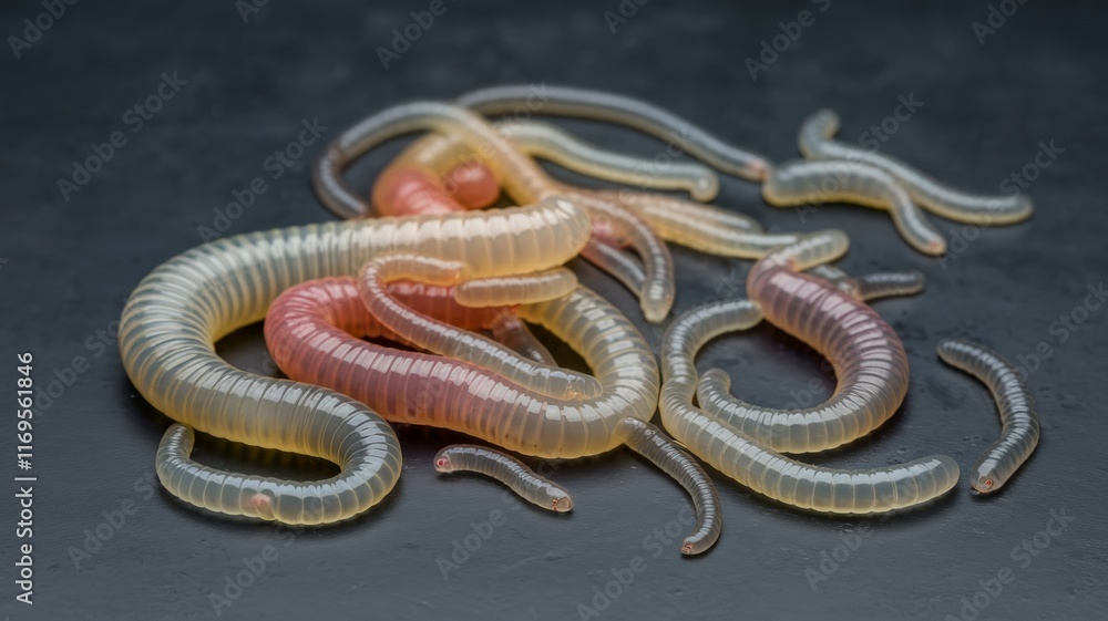 Close-up of Caenorhabditis elegans, a transparent nematode worm on dark surface