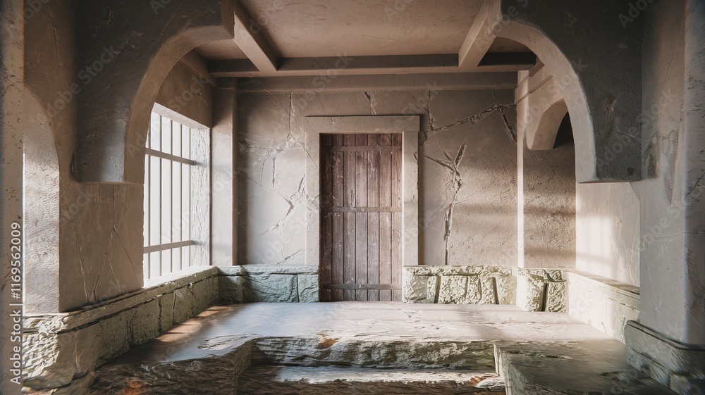 3D-rendered scene of an ancient stone interior with a rustic door