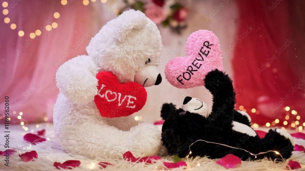 Romantic scene with two teddy bears holding heart-shaped pillows