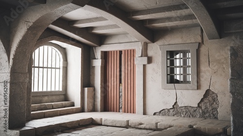Obraz na płótnie Realistic 3D rendering of an ancient stone room with wooden doors w salonie