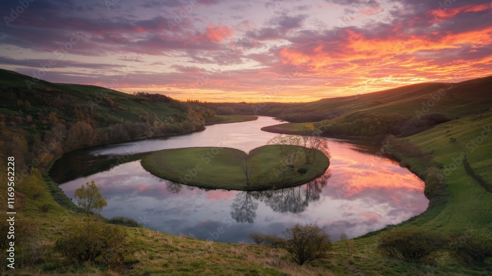 Serene landscape with a heart-shaped island at sunset